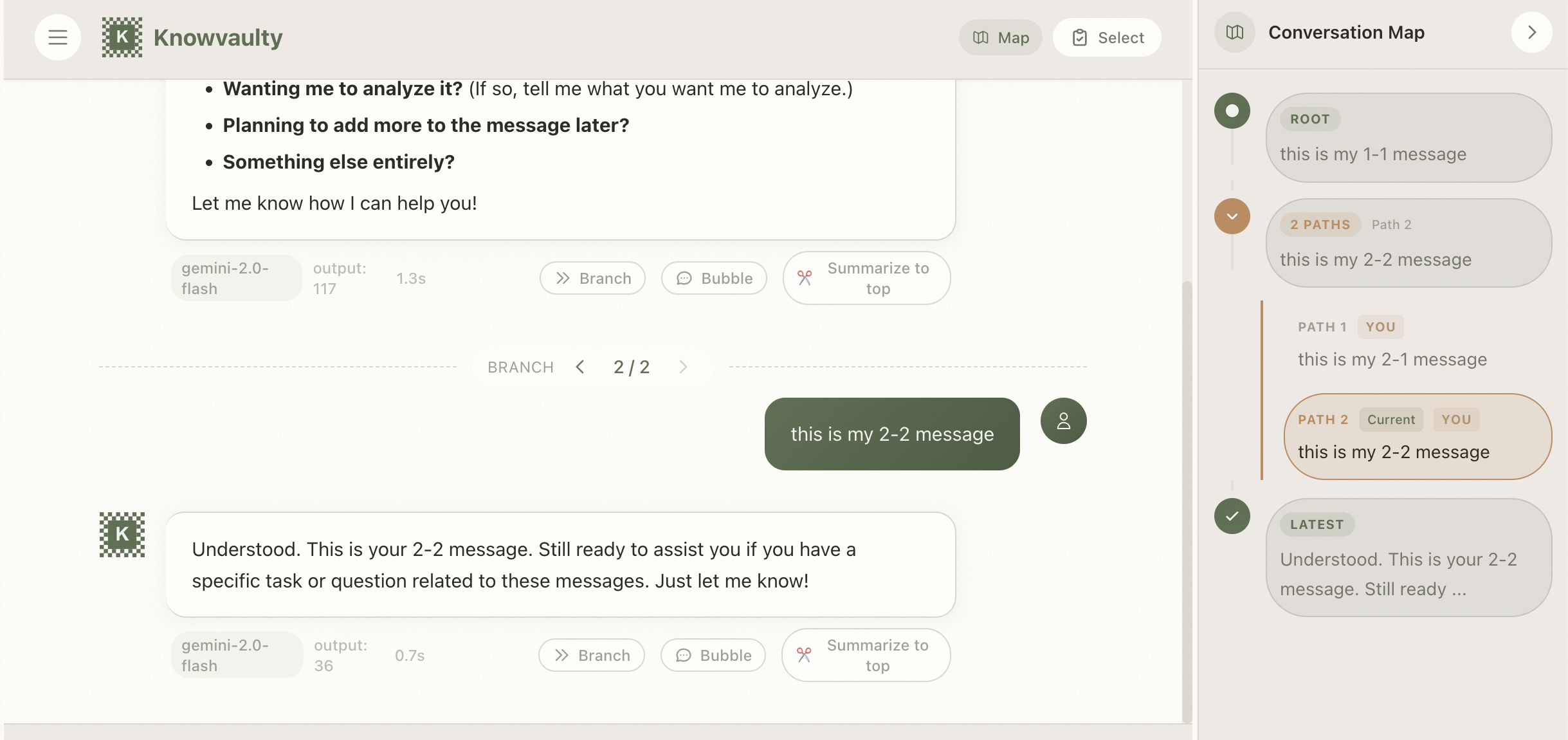 Conversation branching interface showing the map panel with multiple paths